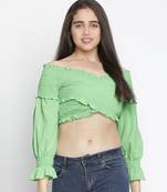 Gentle pretty green smocked women off-shoulder crop top