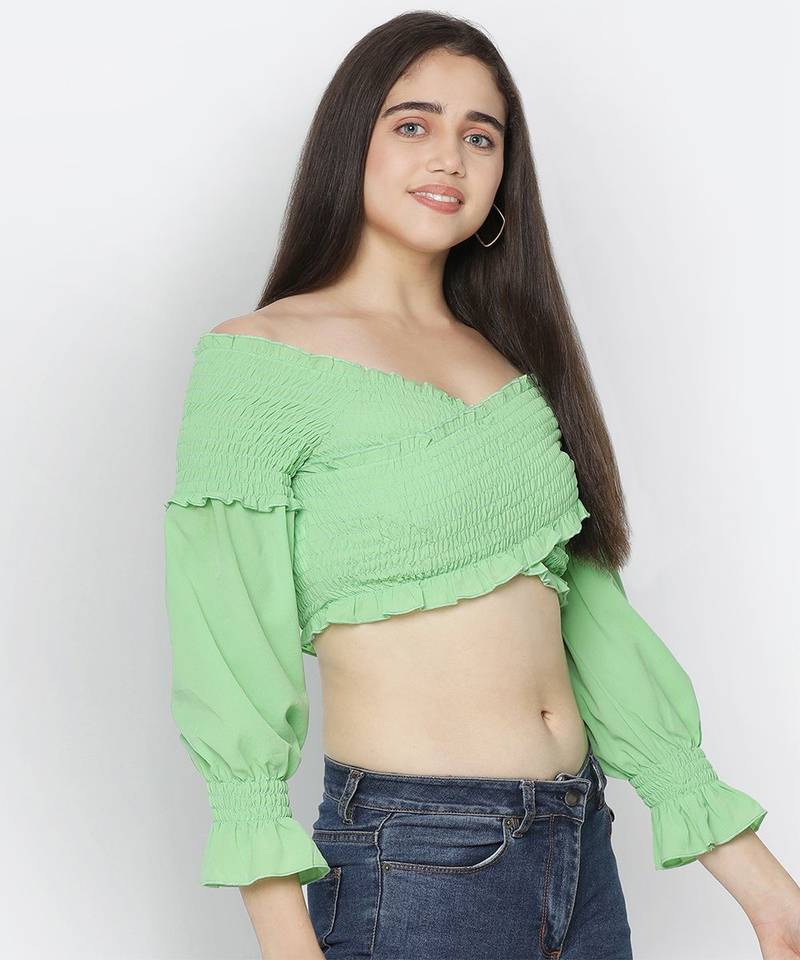 Gentle pretty green smocked women off-shoulder crop top