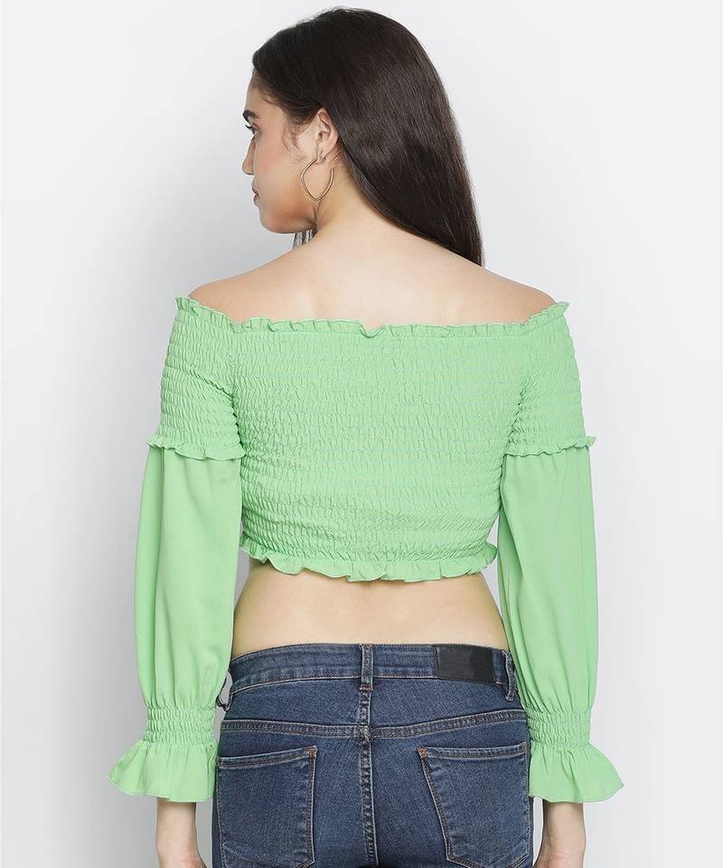 Gentle pretty green smocked women off-shoulder crop top