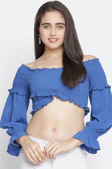 F ancy Bossy blue smocked women off-shoulder crop top