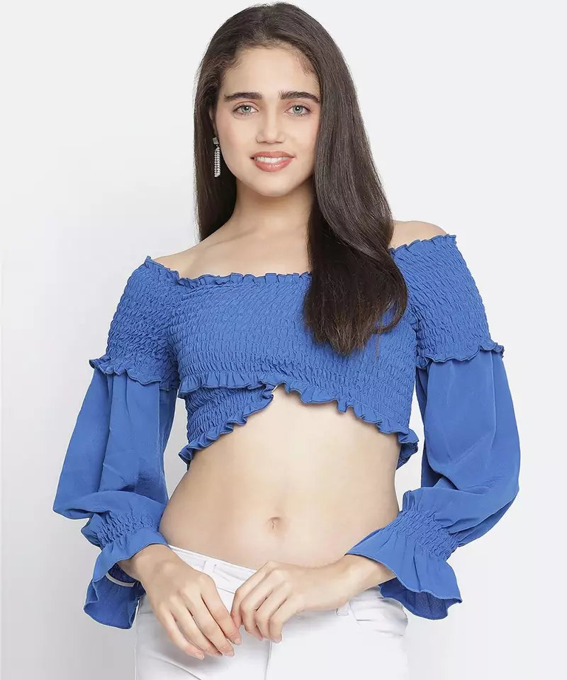 F ancy Bossy blue smocked women off-shoulder crop top