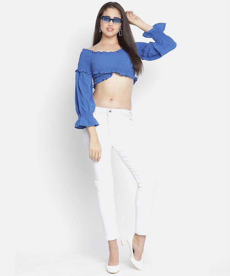 F ancy Bossy blue smocked women off-shoulder crop top