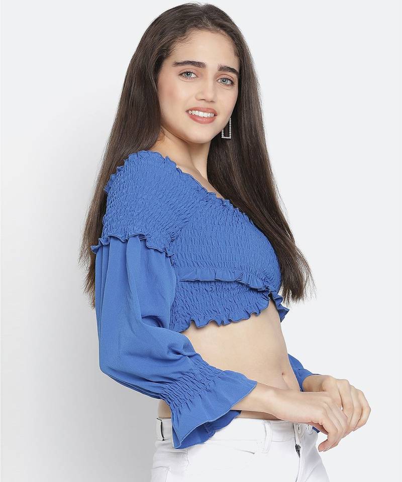 F ancy Bossy blue smocked women off-shoulder crop top