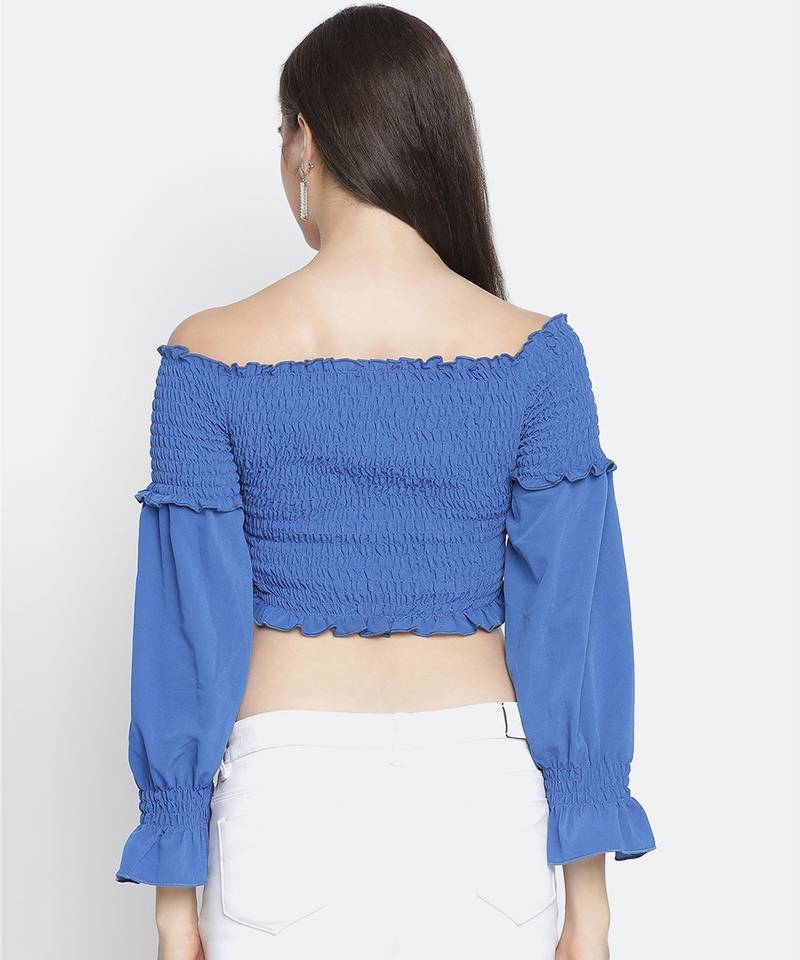 F ancy Bossy blue smocked women off-shoulder crop top