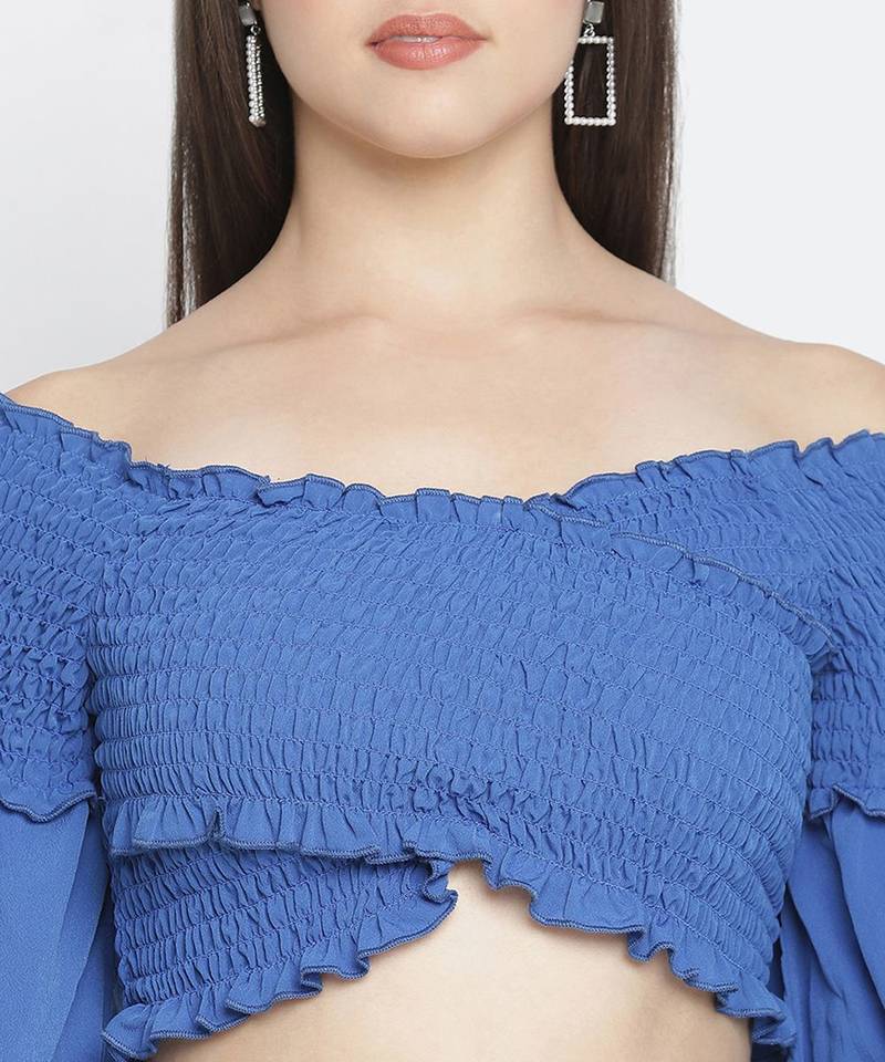 F ancy Bossy blue smocked women off-shoulder crop top