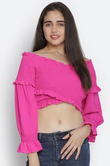 Thrilling Queen pink radiant women off-shoulder crop top