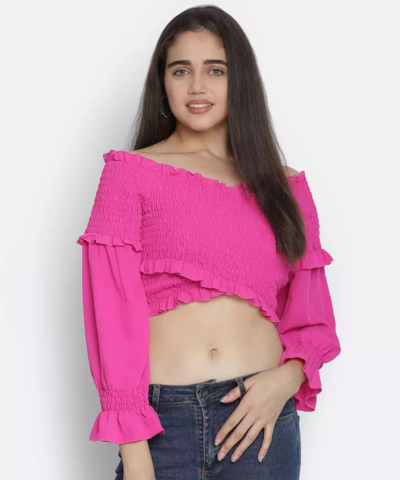 Thrilling Queen pink radiant women off-shoulder crop top
