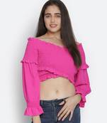 Thrilling Queen pink radiant women off-shoulder crop top