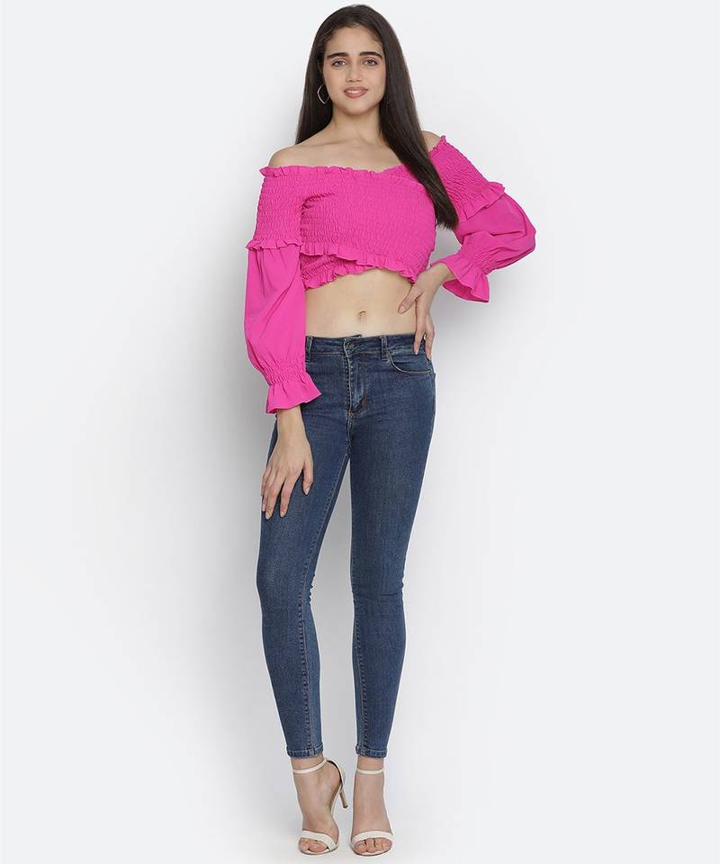 Thrilling Queen pink radiant women off-shoulder crop top