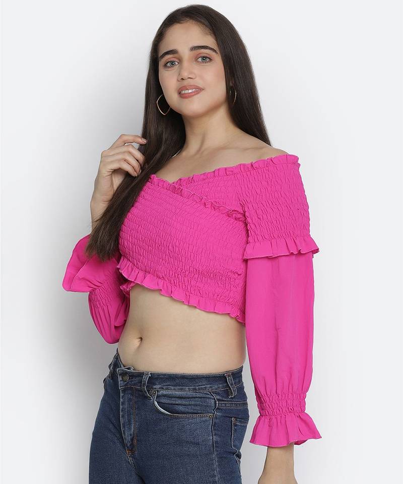 Thrilling Queen pink radiant women off-shoulder crop top