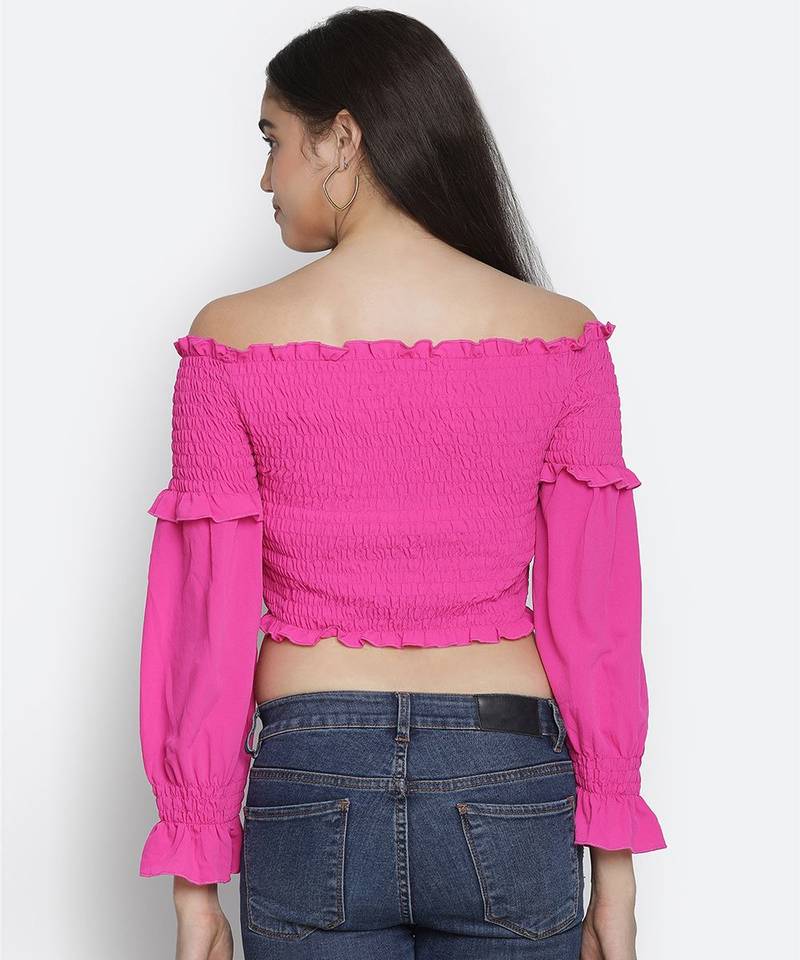 Thrilling Queen pink radiant women off-shoulder crop top
