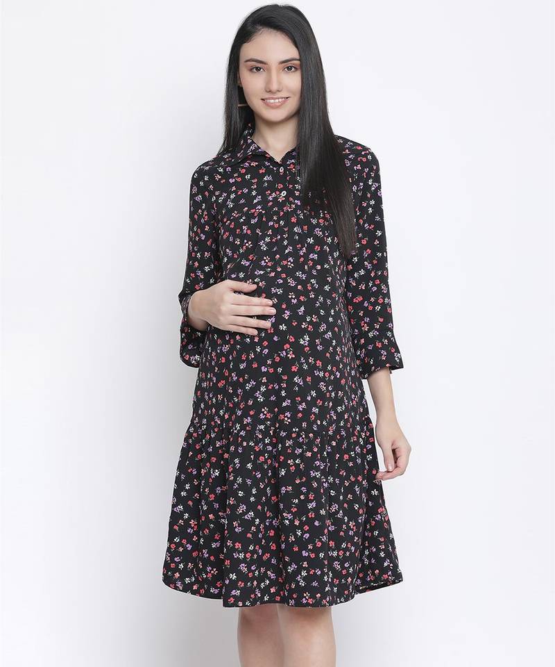 Slate black floral print maternity dress
