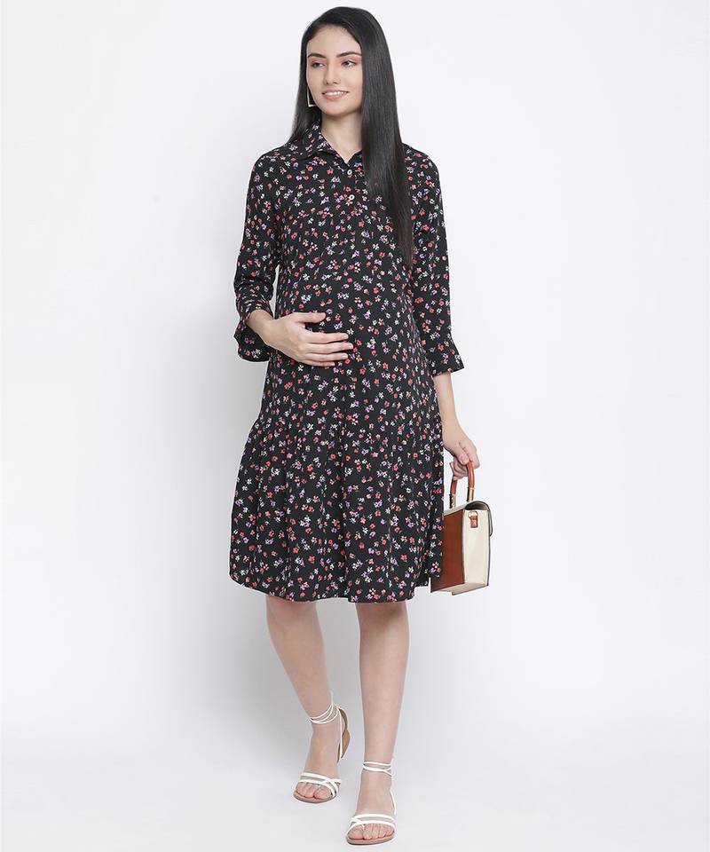 Slate black floral print maternity dress