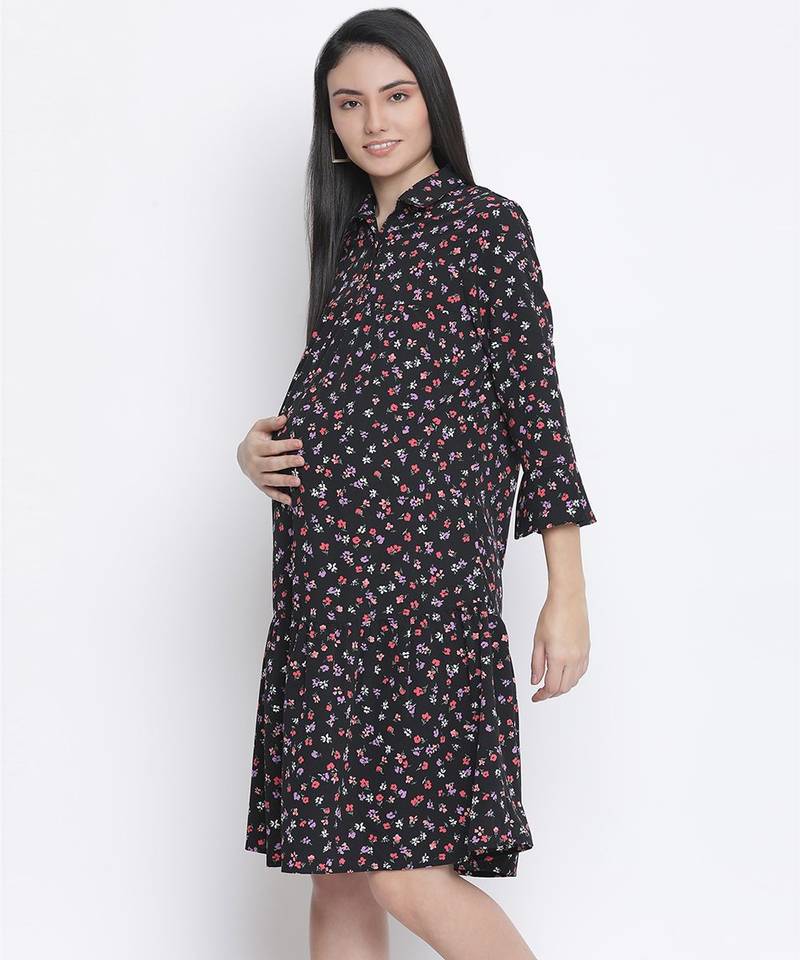 Slate black floral print maternity dress