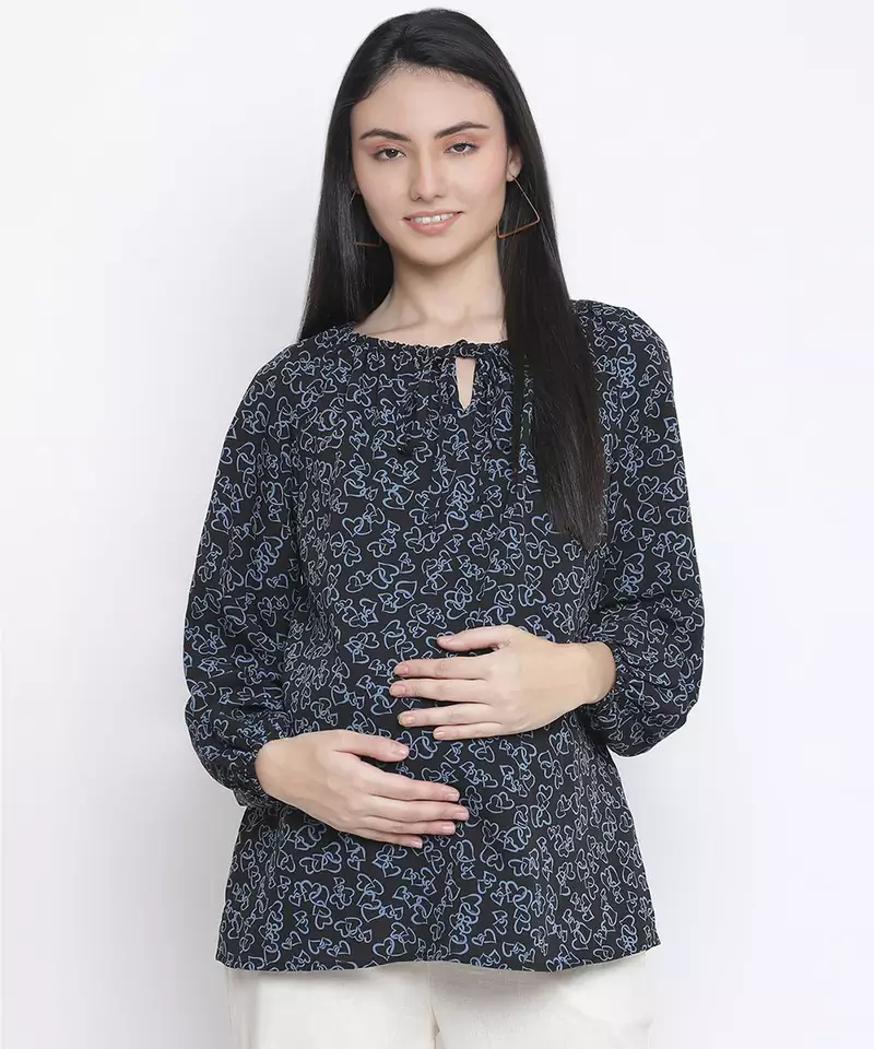Merry black floral print maternity top