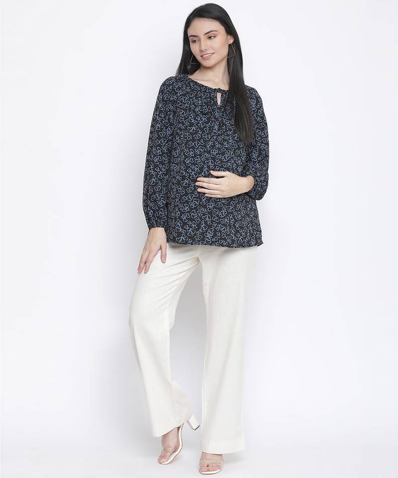 Merry black floral print maternity top