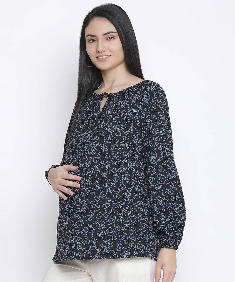 Merry black floral print maternity top