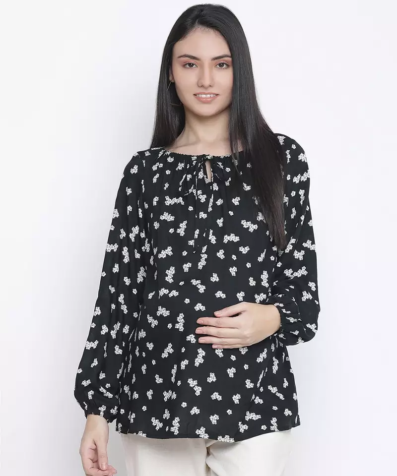 Jubiliant black floral print maternity top