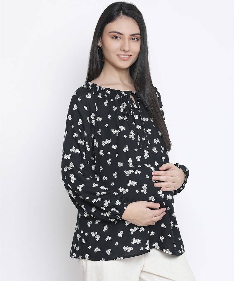 Jubiliant black floral print maternity top
