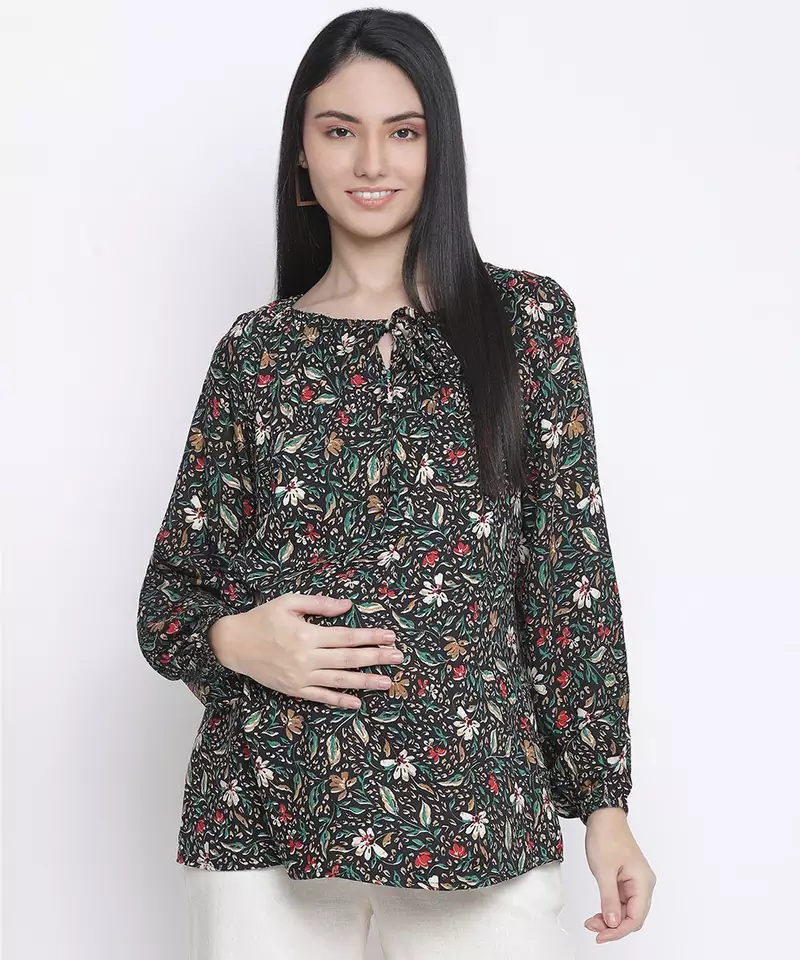 Elevated black floral print maternity top