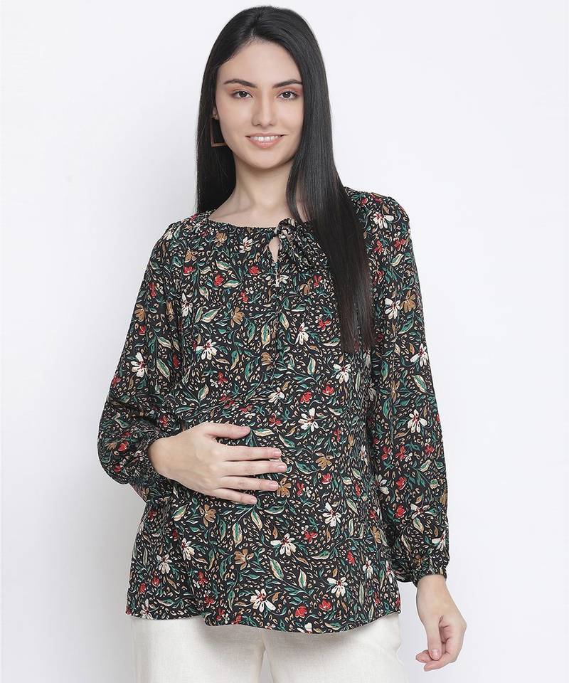 Elevated black floral print maternity top