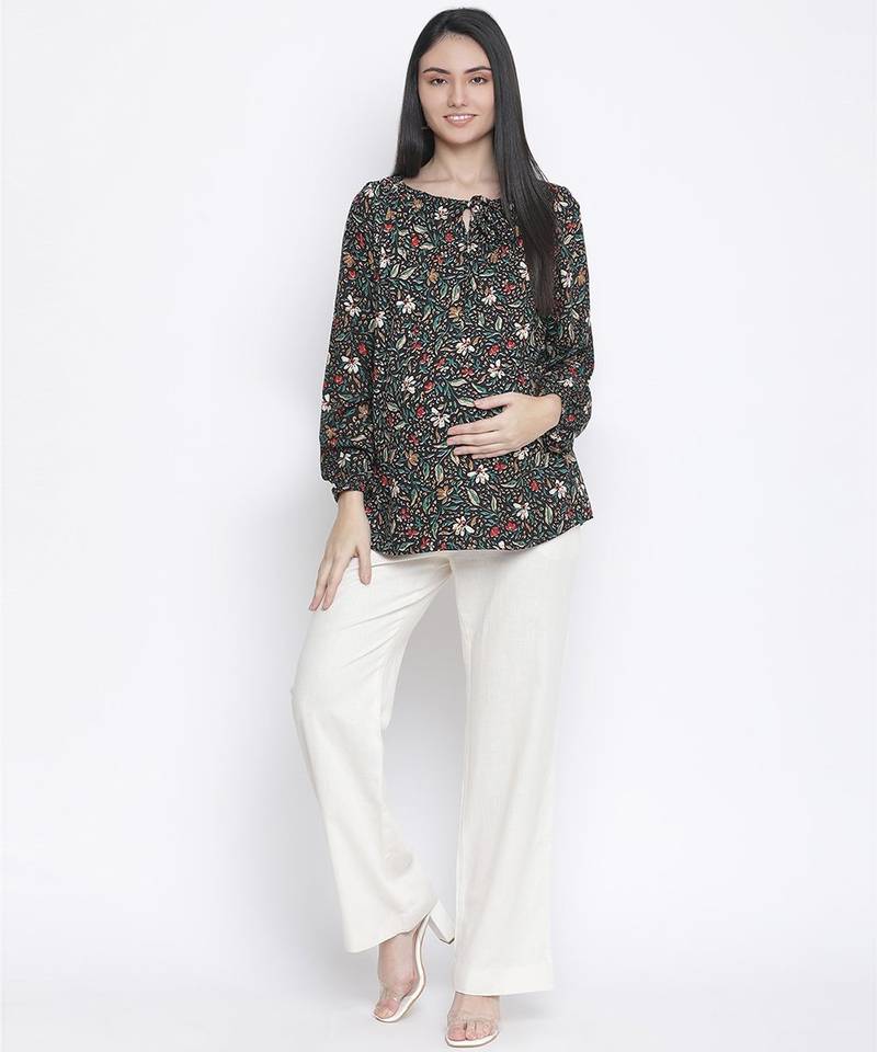 Elevated black floral print maternity top