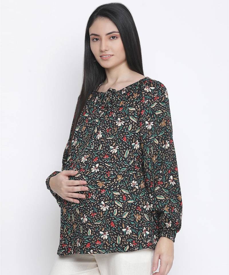 Elevated black floral print maternity top