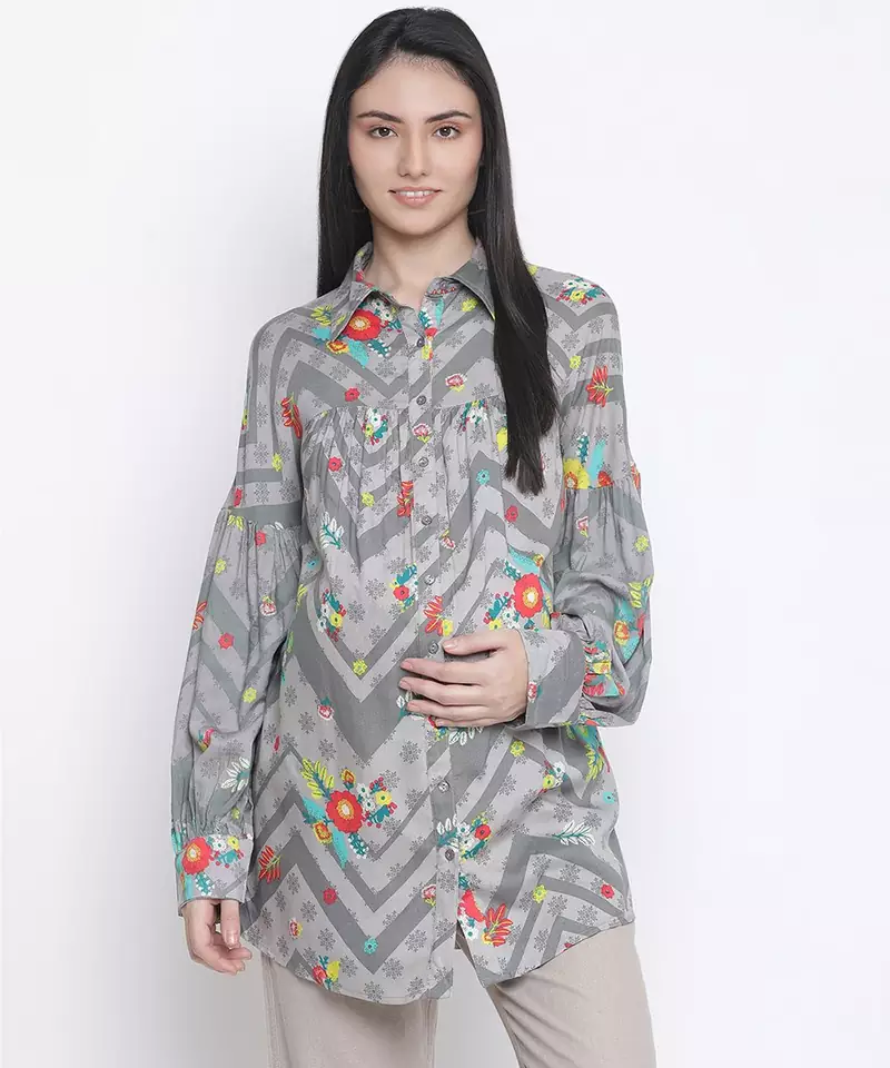 Silver Grey floral print maternity shirt
