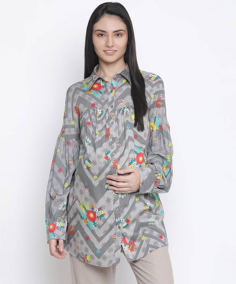 Silver Grey floral print maternity shirt
