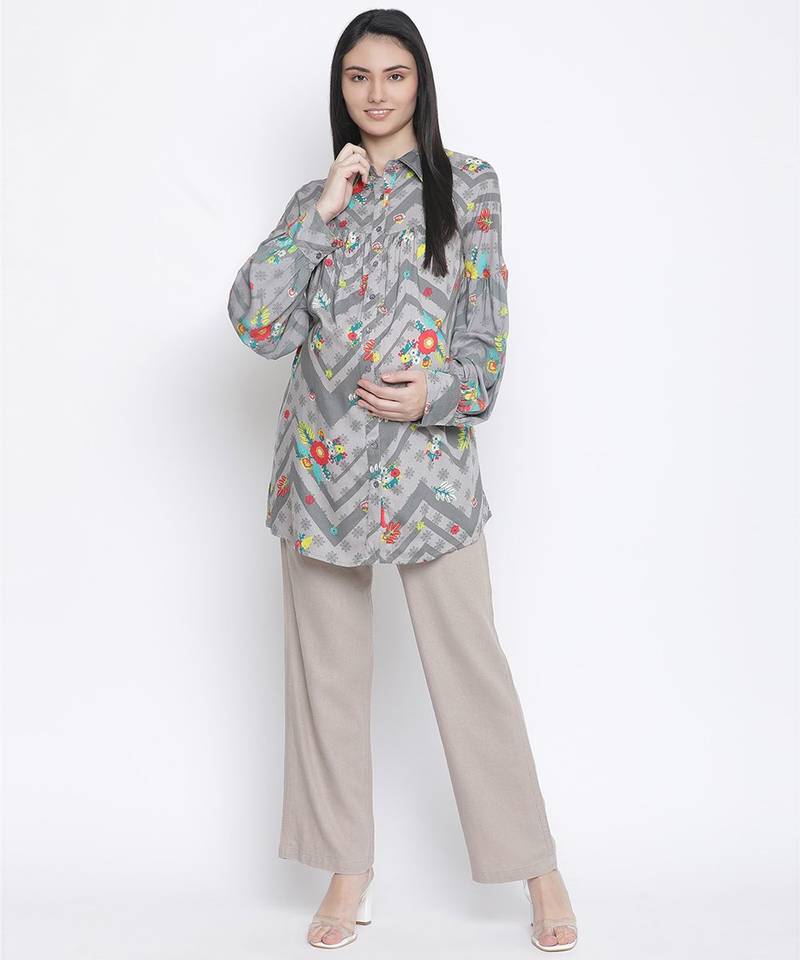 Silver Grey floral print maternity shirt