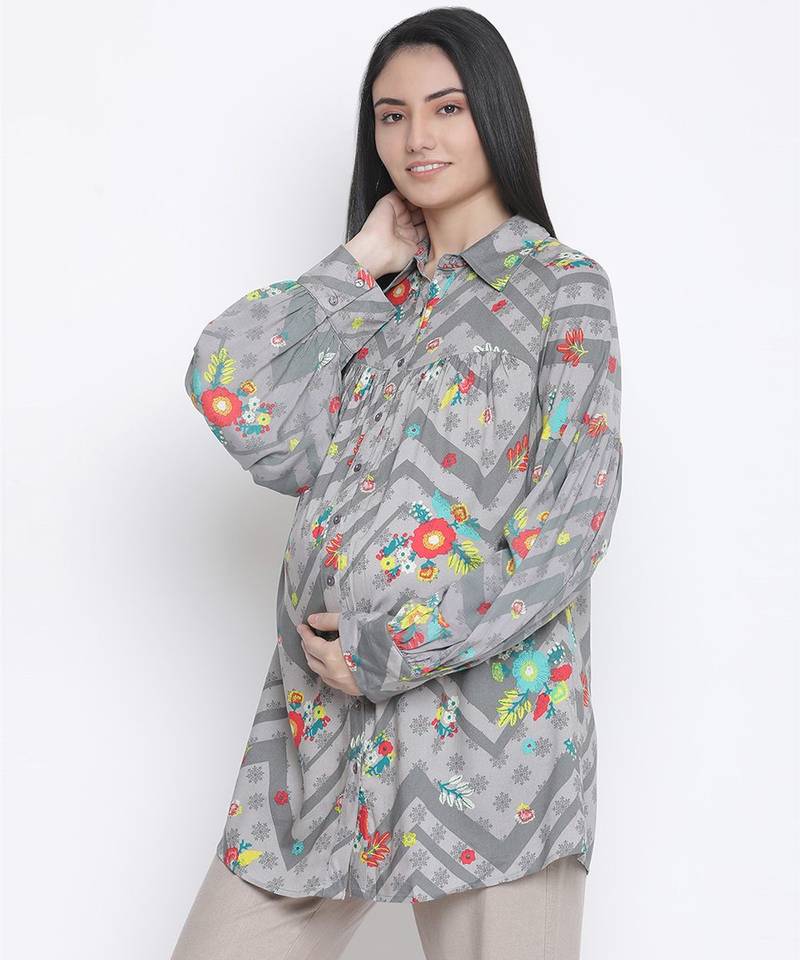 Silver Grey floral print maternity shirt