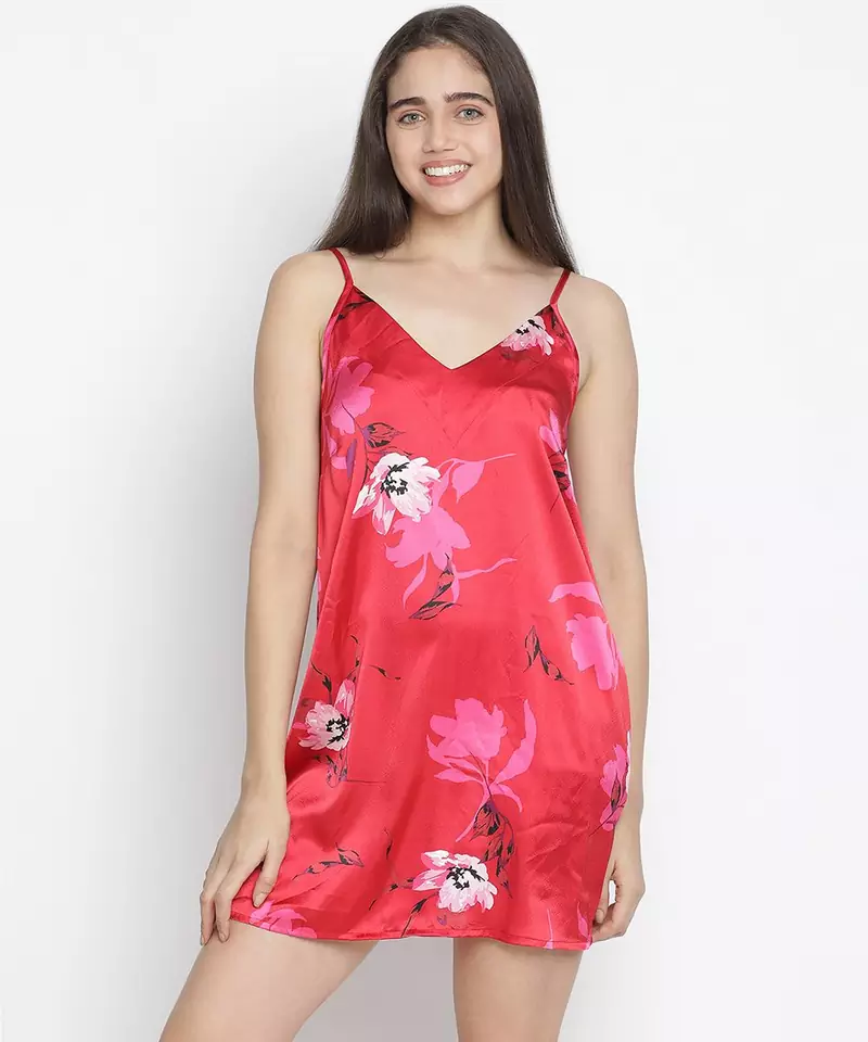 Brassing Pink satin print relaxed women nightwear dress