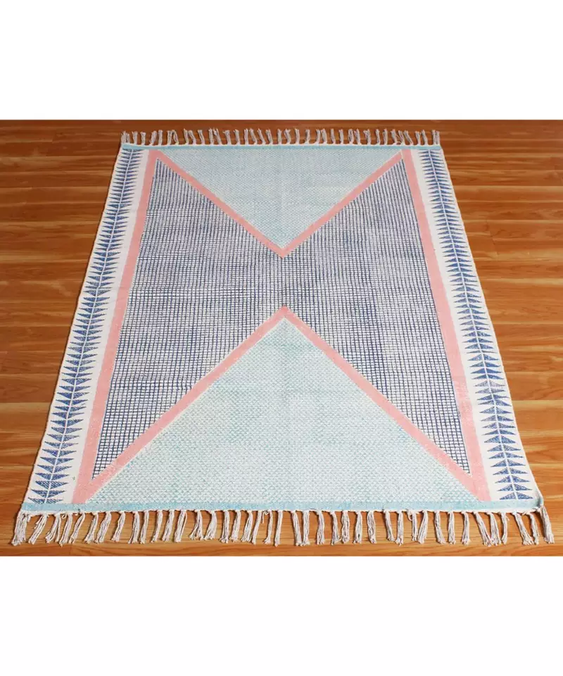 2.6x10 Ft Hand Block Printed Cotton Dhurrie Handmade Area Rug Morden Style