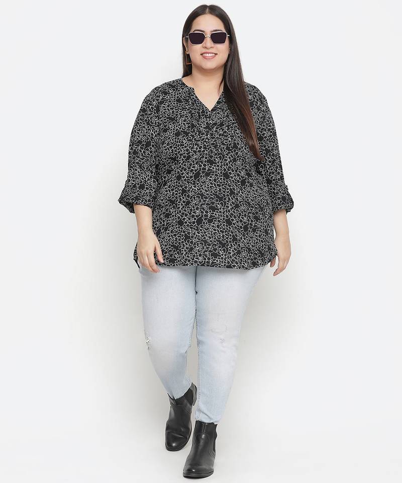 Magnectic black floral print plus zie women top