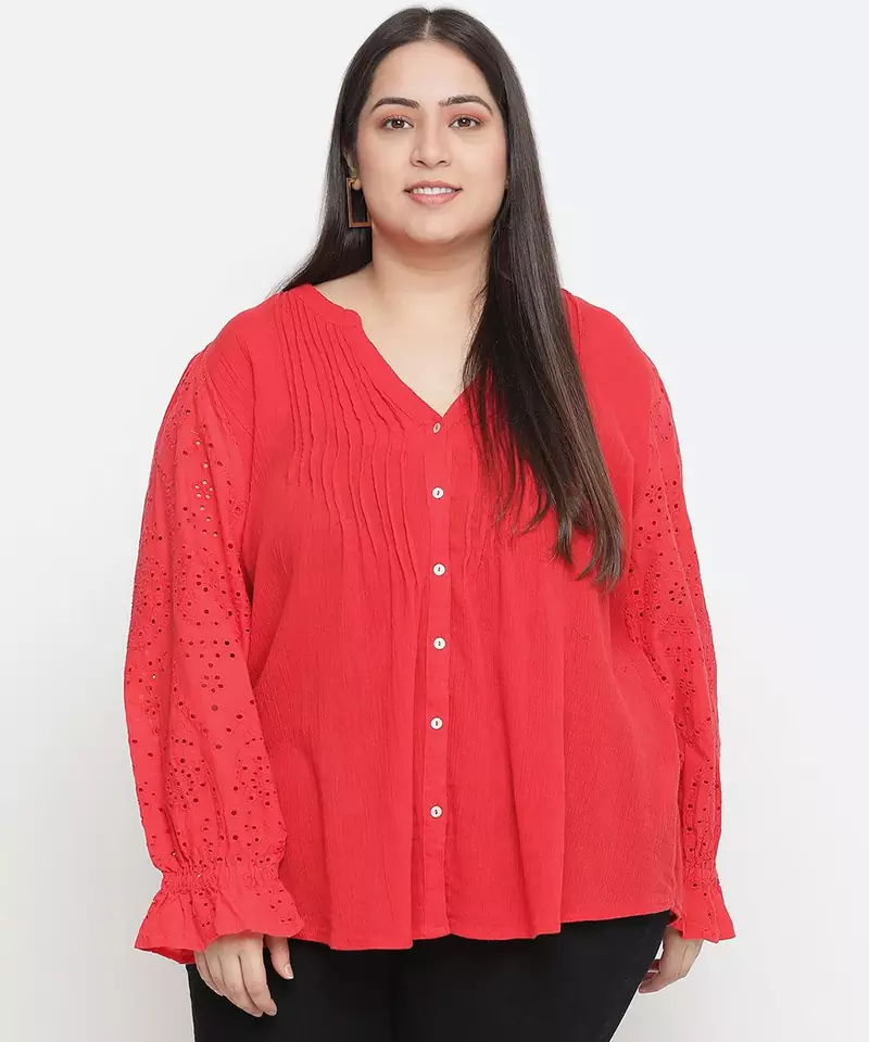 Pleasant red Schiffli embroidery plus size women top