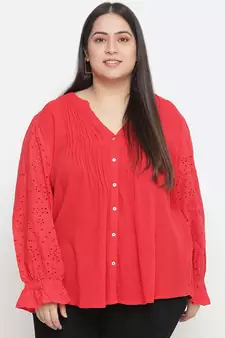 Pleasant red Schiffli embroidery plus size women top