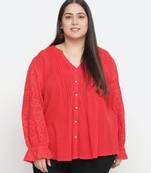 Pleasant red Schiffli embroidery plus size women top