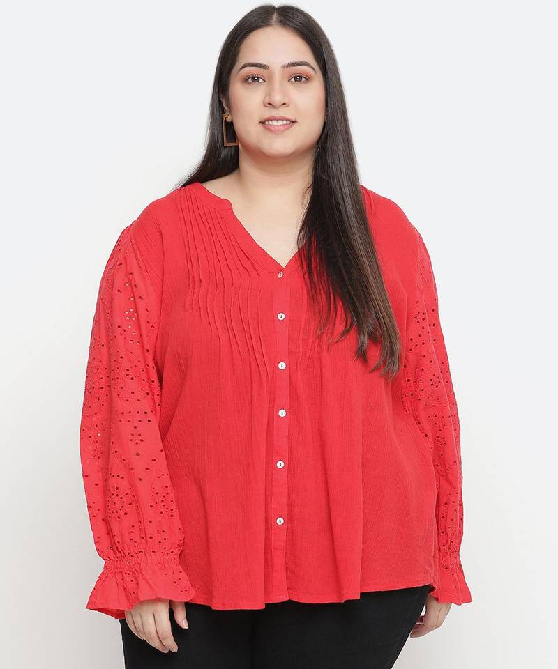 Pleasant red Schiffli embroidery plus size women top