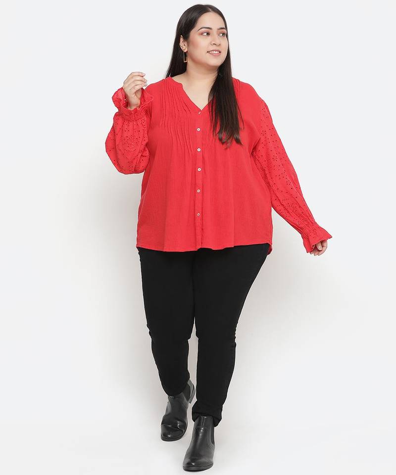 Pleasant red Schiffli embroidery plus size women top