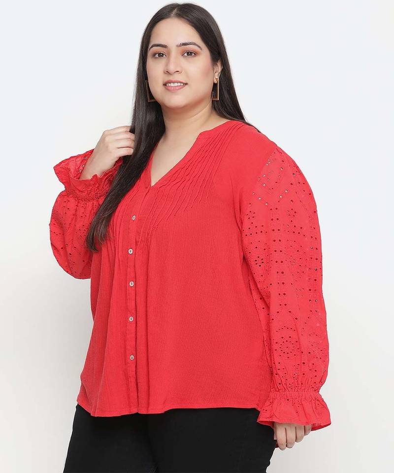 Pleasant red Schiffli embroidery plus size women top