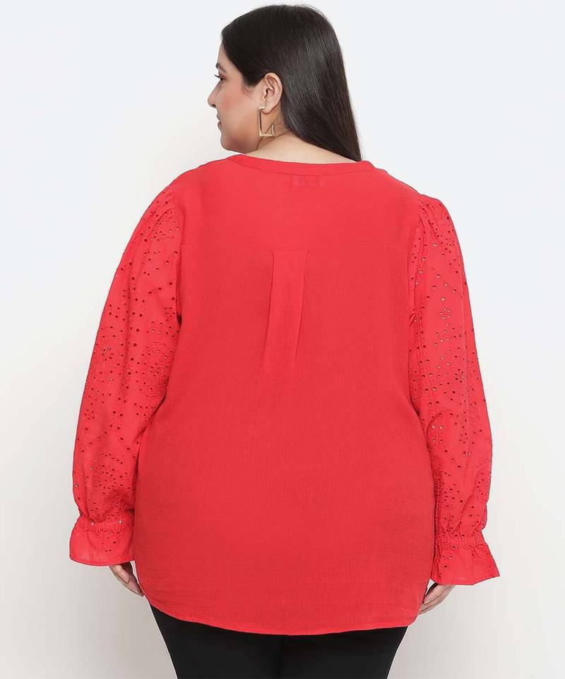 Pleasant red Schiffli embroidery plus size women top