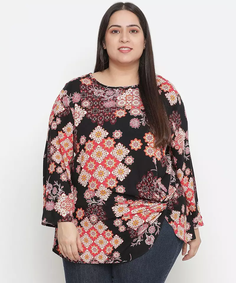 Zig zag floral print trendy plus size women top