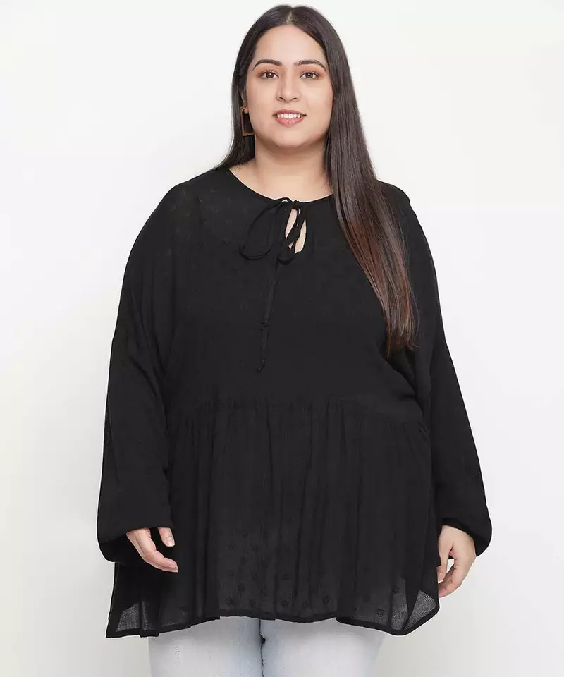 Black dobby print elegant plus size women top