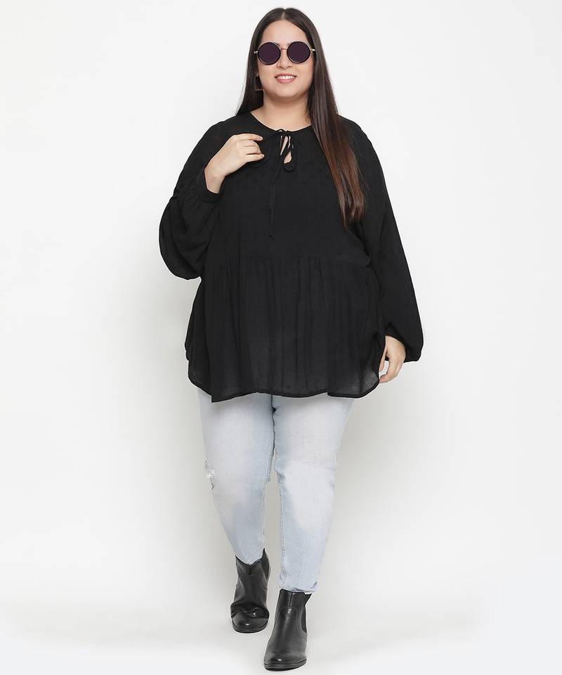 Black dobby print elegant plus size women top