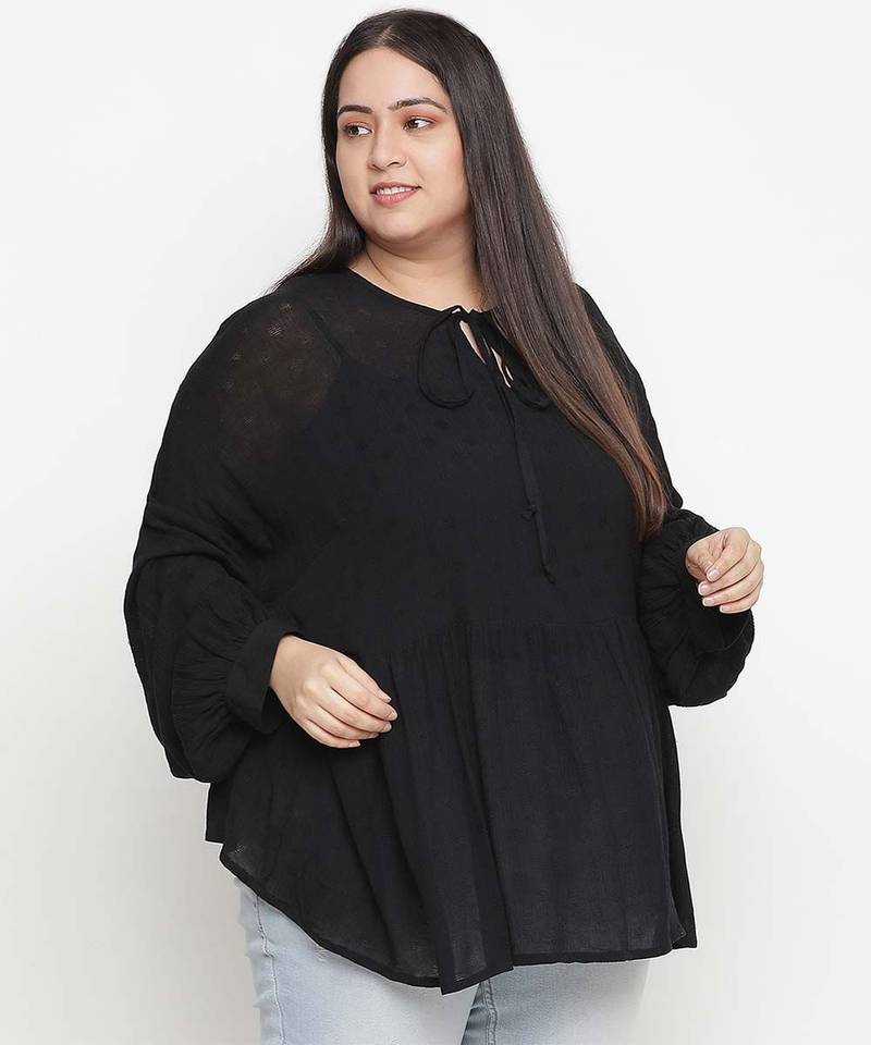 Black dobby print elegant plus size women top