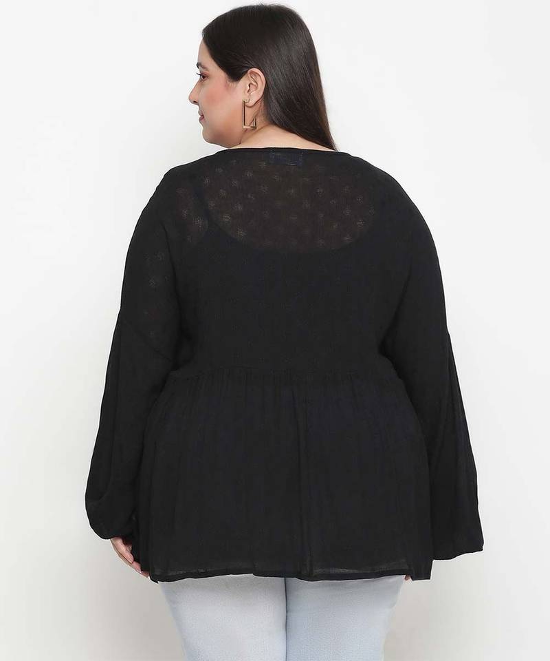 Black dobby print elegant plus size women top