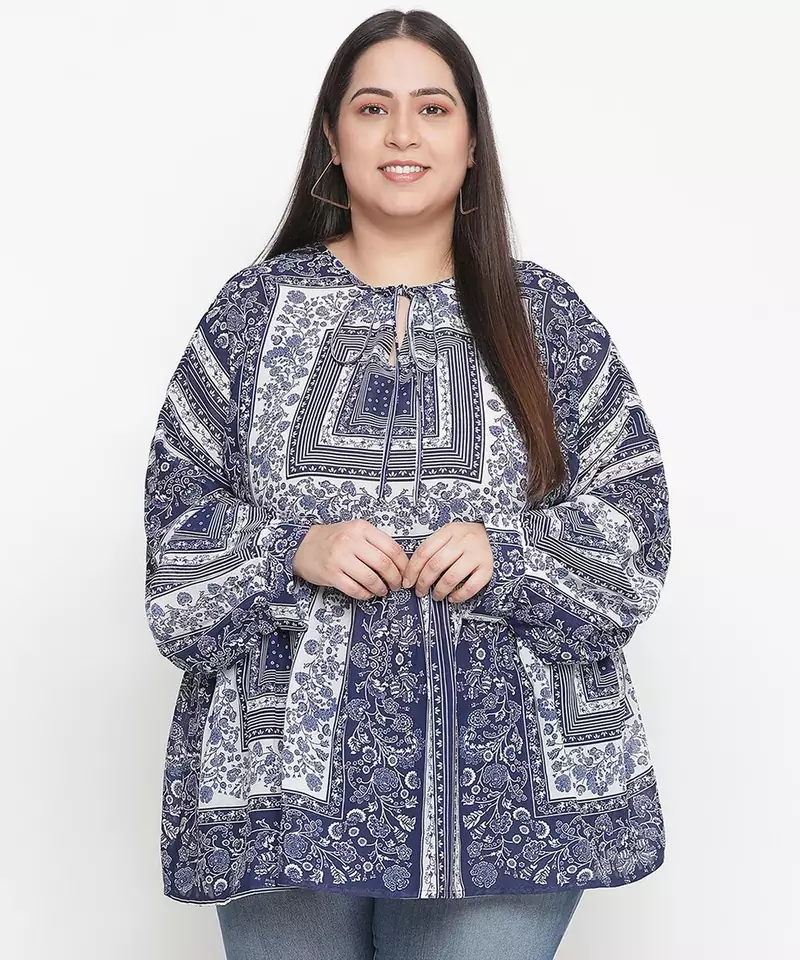 Alive Blue tropical print plus size women top