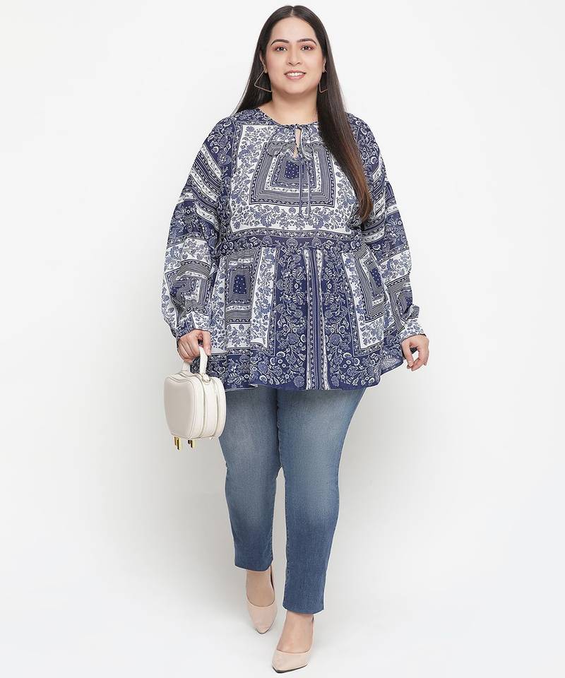 Alive Blue tropical print plus size women top