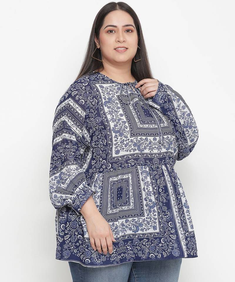 Alive Blue tropical print plus size women top