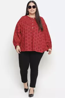 Valentine Red Schiffli embroidery plus size women top